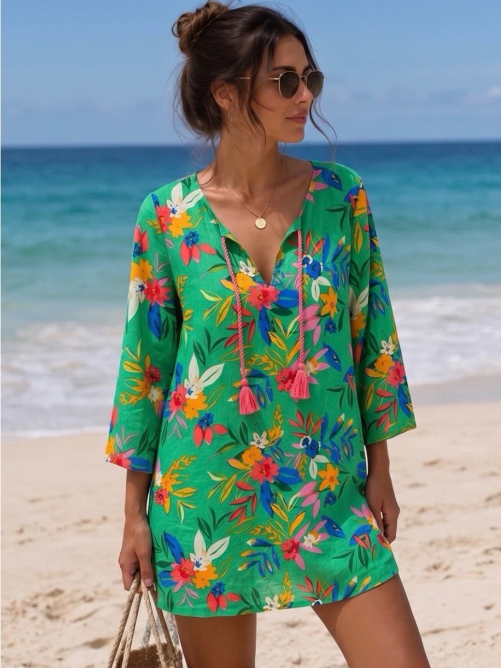 J. Crew Green Floral Tassel Beach Tunic
